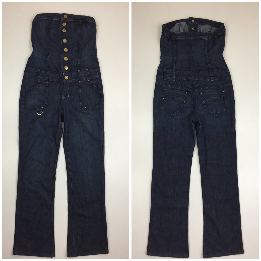 BEBE Dark Wash Gold Logo Hardware Bustier Sleeveless Denim One Piece Jumpsuit